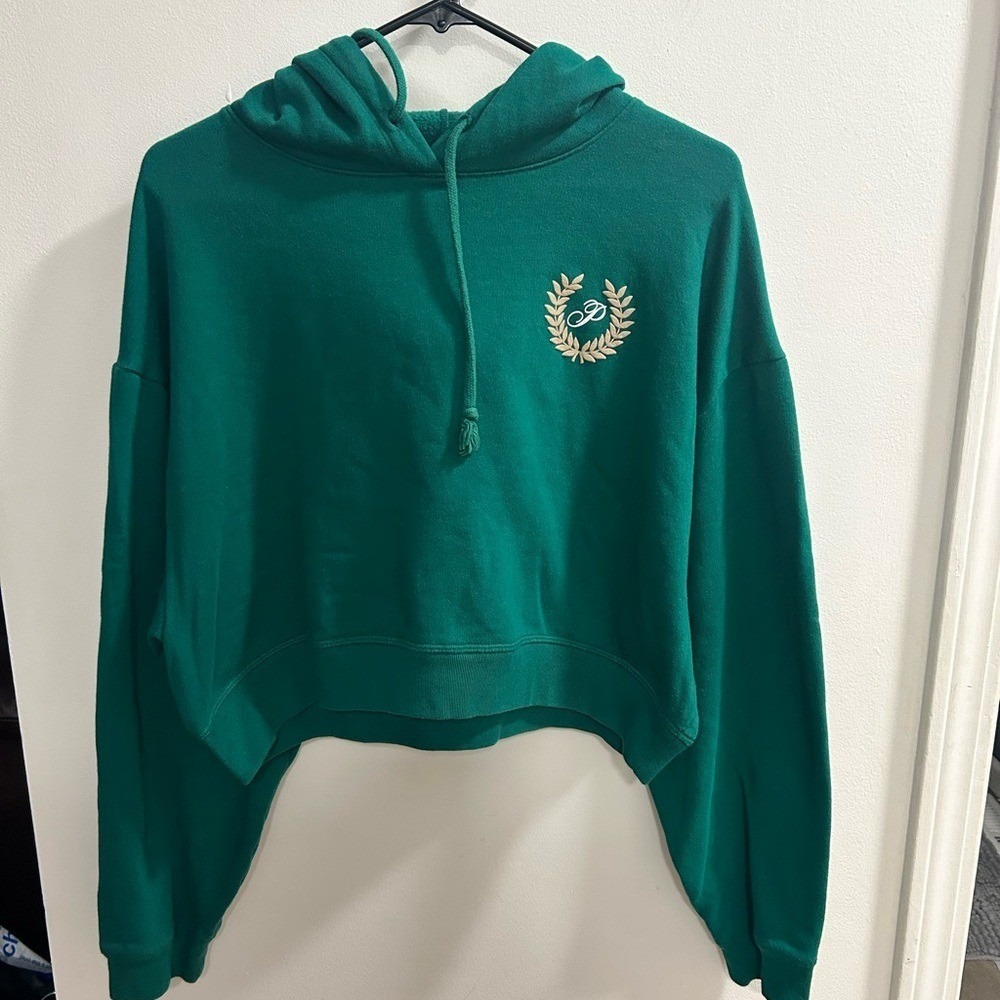 PINK Victoria's Secret Cropped Hoodie Green‎ Laurel Logo Drawstring Women's Sz L